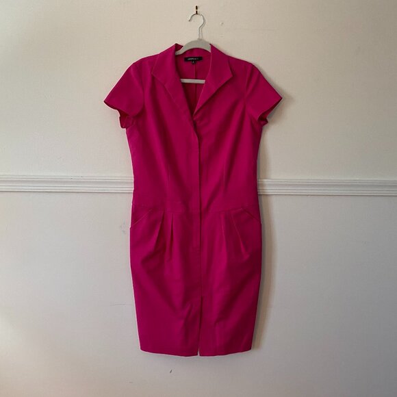 Lafayette 148 Bright Pink Cap-Sleeve Front Zip Collared Dress Size 10 96% Cotton - Picture 1 of 6